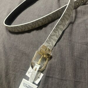 Michael Kors Beige Logo Print Belt with Gold Buckle